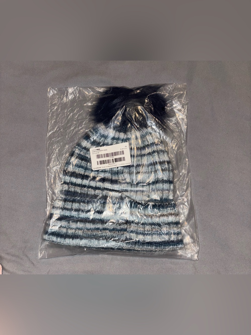 Striped Knit Pom Beanie — Blue/Gray Combo